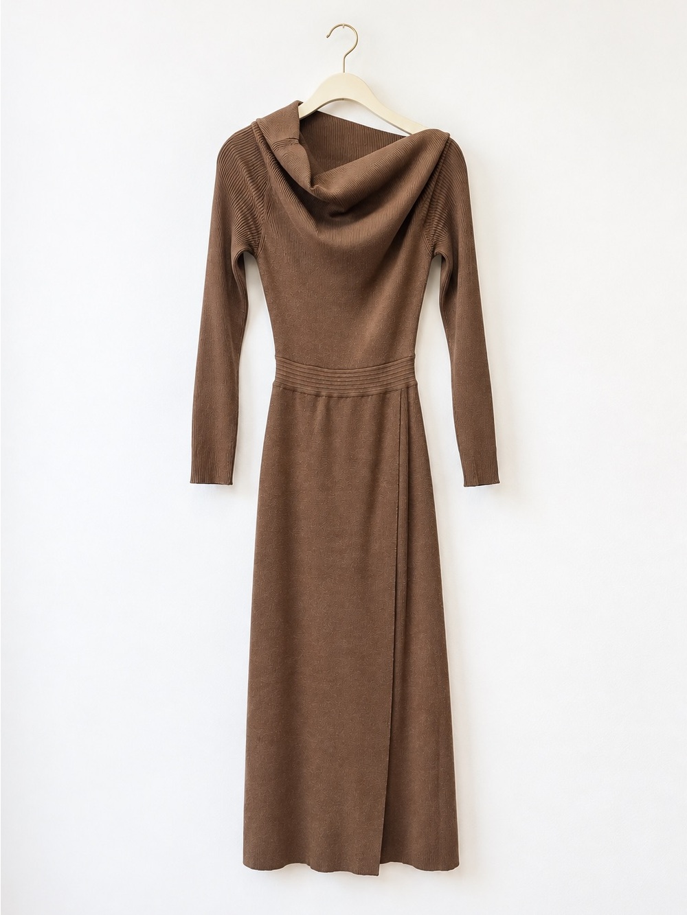 COMMENSE Brown Asymmetrical Off Shoulder Cowl Neck Knit Midi Dress S